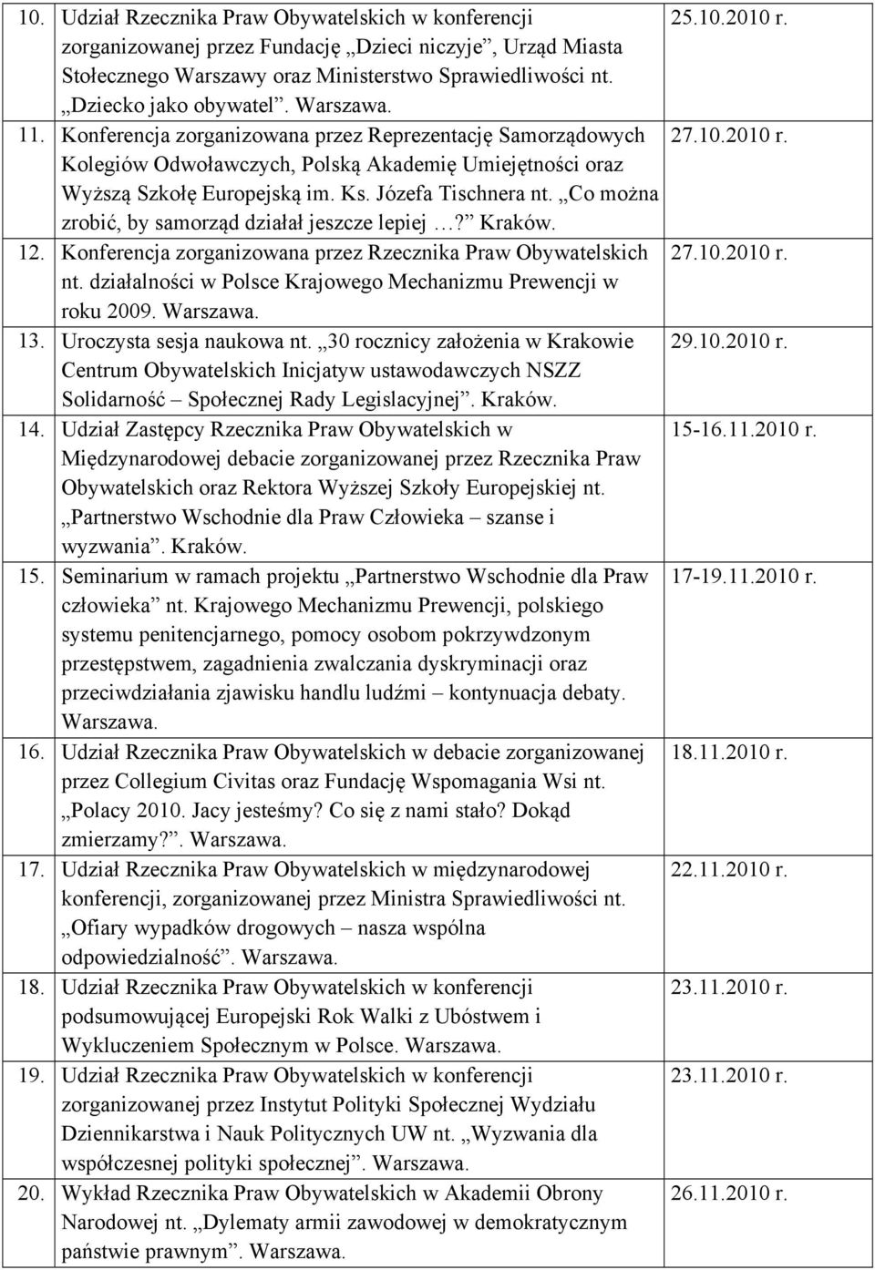 Co można zrobić, by samorząd działał jeszcze lepiej? Kraków. 12. Konferencja zorganizowana przez Rzecznika Praw Obywatelskich nt. działalności w Polsce Krajowego Mechanizmu Prewencji w roku 2009.