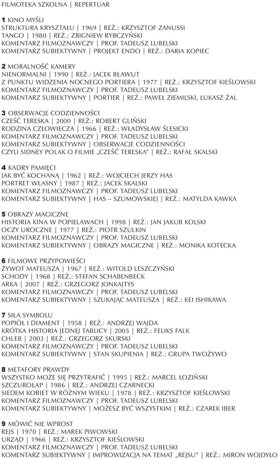 : Paweł Ziemilski, Łukasz Żal 3 OBSERWACJE CODZIENNOŚCI CZEŚĆ TERESKA 2000 reż.: Robert Gliński RODZINA CZŁOWIECZA 1966 reż.