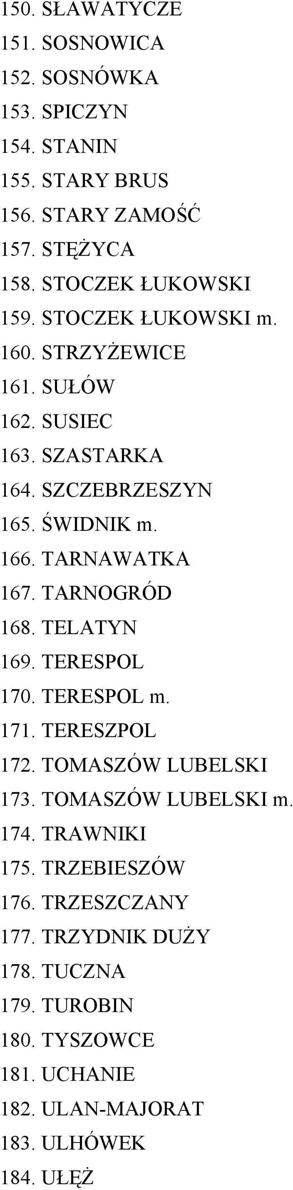 TARNAWATKA 167. TARNOGRÓD 168. TELATYN 169. TERESPOL 170. TERESPOL m. 171. TERESZPOL 172. TOMASZÓW LUBELSKI 173. TOMASZÓW LUBELSKI m. 174.