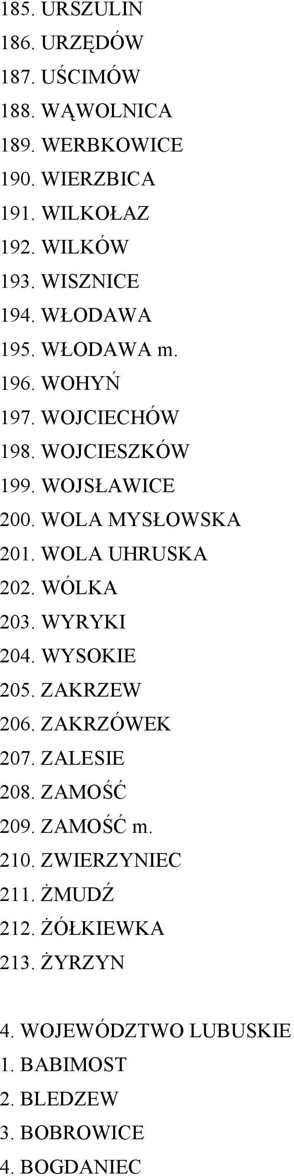 WOLA MYSŁOWSKA 201. WOLA UHRUSKA 202. WÓLKA 203. WYRYKI 204. WYSOKIE 205. ZAKRZEW 206. ZAKRZÓWEK 207. ZALESIE 208.