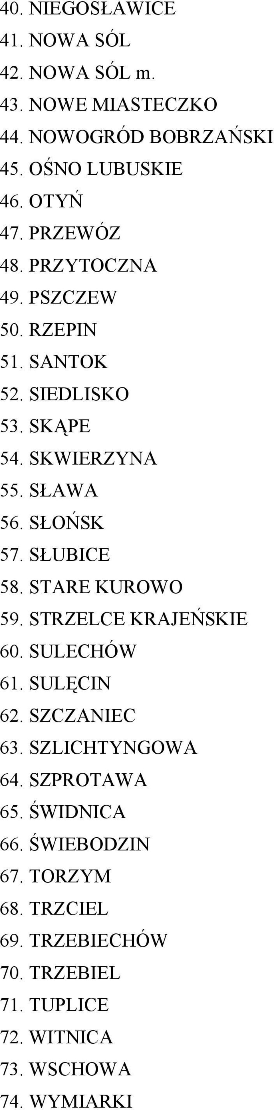 SŁUBICE 58. STARE KUROWO 59. STRZELCE KRAJEŃSKIE 60. SULECHÓW 61. SULĘCIN 62. SZCZANIEC 63. SZLICHTYNGOWA 64. SZPROTAWA 65.