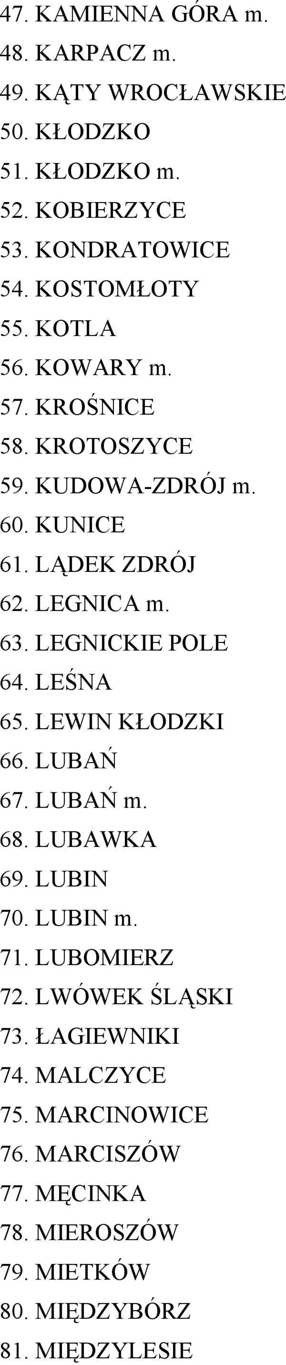 63. LEGNICKIE POLE 64. LEŚNA 65. LEWIN KŁODZKI 66. LUBAŃ 67. LUBAŃ m. 68. LUBAWKA 69. LUBIN 70. LUBIN m. 71. LUBOMIERZ 72.