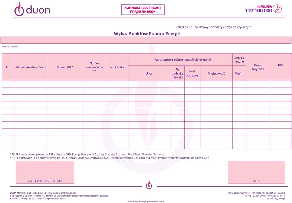 MWh Grupa taryfowa OSD * Nr PPE - pole obowiązkowe dla PPE z obszaru OSD: Energa Operator S.A.; Enea Operator Sp. z o.o.; RWE Stoen Operator Sp. z o.o. ** Nr Ewidencyjny - pole obowiązkowe dla PPE z Obszaru OSD: PGE Dystrybucja S.