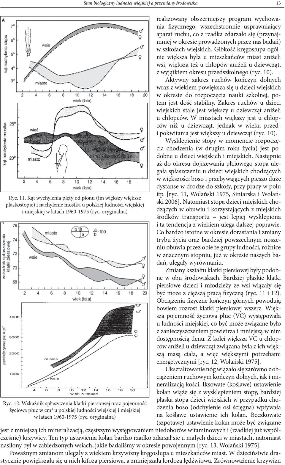 Wskaźnik spłaszczenia klatki piersiowej oraz pojemność życiowa płuc w cm 3 u polskiej ludności wiejskiej i miejskiej w latach 1960-1975 (ryc.
