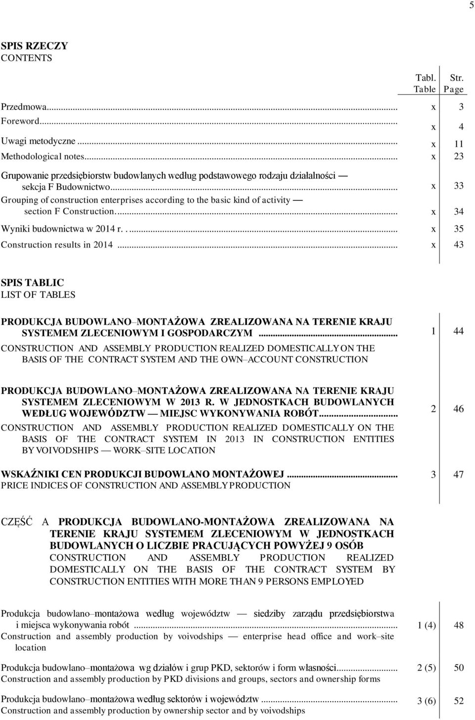 .. x 33 Grouping of construction enterprises according to the basic kind of activity section F Construction.... x 34 Wyniki budownictwa w 2014 r..... x 35 Construction results in 2014.