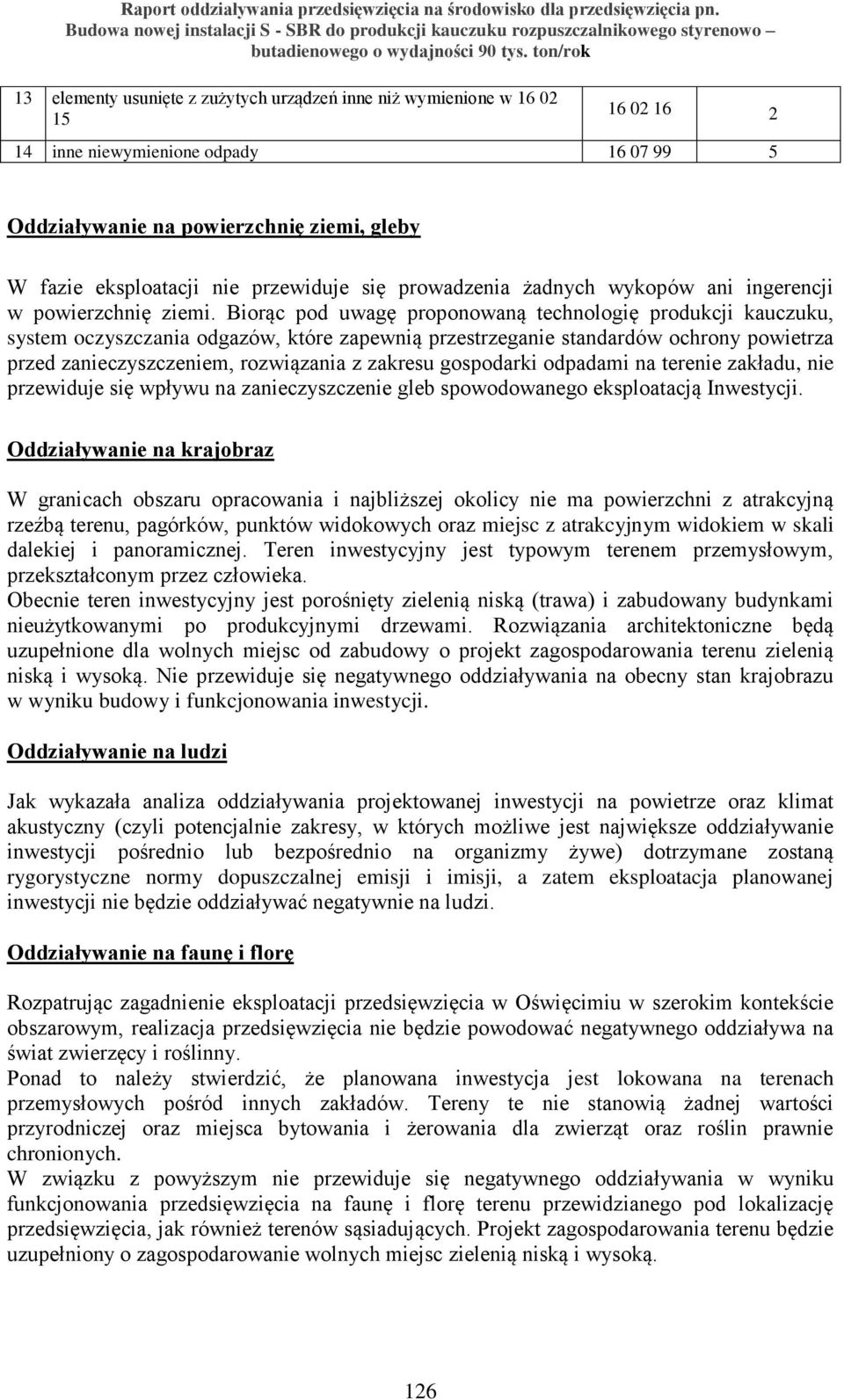 Biorąc pod uwagę proponowaną technologię produkcji kauczuku, system oczyszczania odgazów, które zapewnią przestrzeganie standardów ochrony powietrza przed zanieczyszczeniem, rozwiązania z zakresu