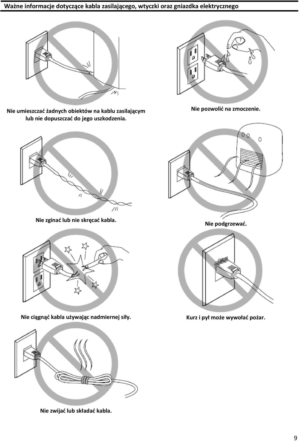 Nie pozwolić na zmoczenie. Nie zginać lub nie skręcać kabla. Nie podgrzewać.