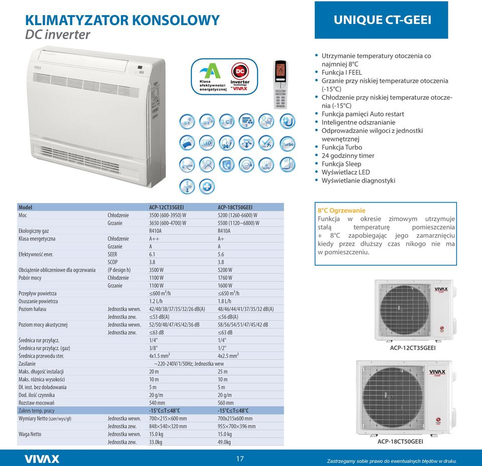 Sleep Wyświetlacz LED Wyświetlanie diagnostyki Model ACP-12CT35GEEI ACP-18CT50GEEI Moc Chłodzenie 3500 (600-3950) W 5200 (1260-6600) W Grzanie 3650 (600-4700) W 5500 (1120~6800) W Ekologiczny gaz