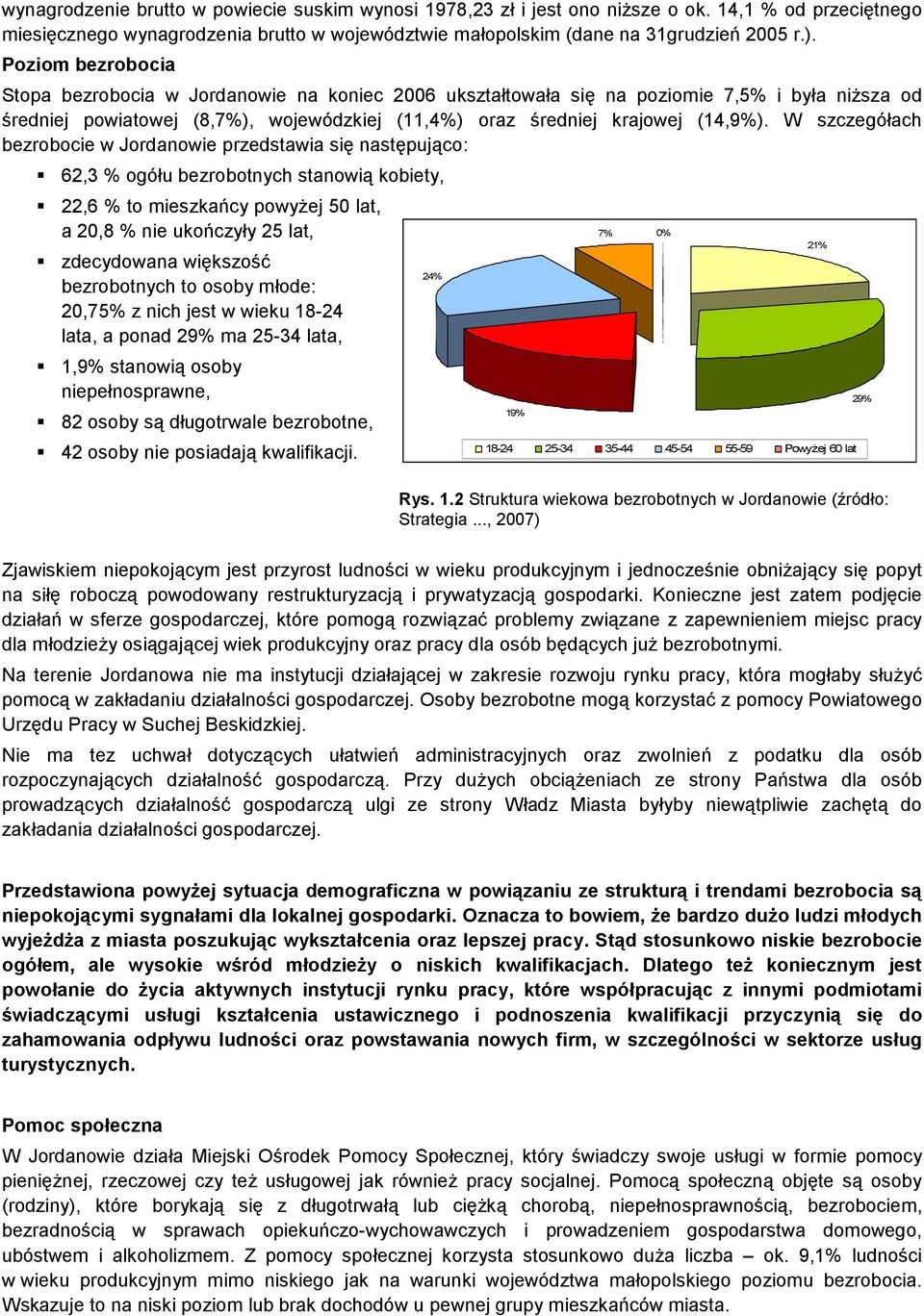 W szczegółach bezrobocie w Jordanowie przedstawia się następująco: 62,3 % ogółu bezrobotnych stanowią kobiety, 22,6 % to mieszkańcy powyŝej 50 lat, a 20,8 % nie ukończyły 25 lat, zdecydowana