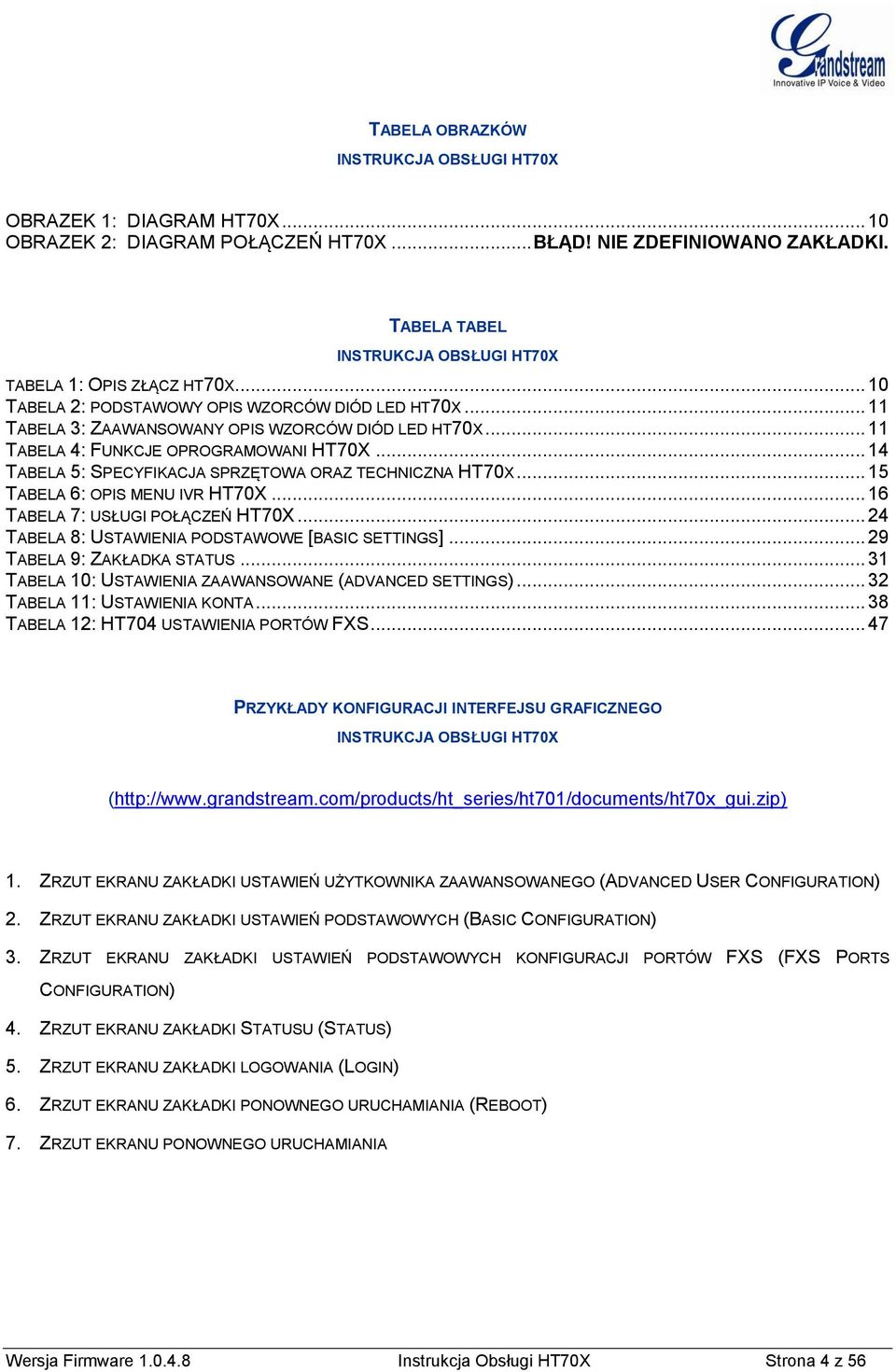 .. 11 TABELA 4: FUNKCJE OPROGRAMOWANI HT70X... 14 TABELA 5: SPECYFIKACJA SPRZĘTOWA ORAZ TECHNICZNA HT70X... 15 TABELA 6: OPIS MENU IVR HT70X... 16 TABELA 7: USŁUGI POŁĄCZEŃ HT70X.