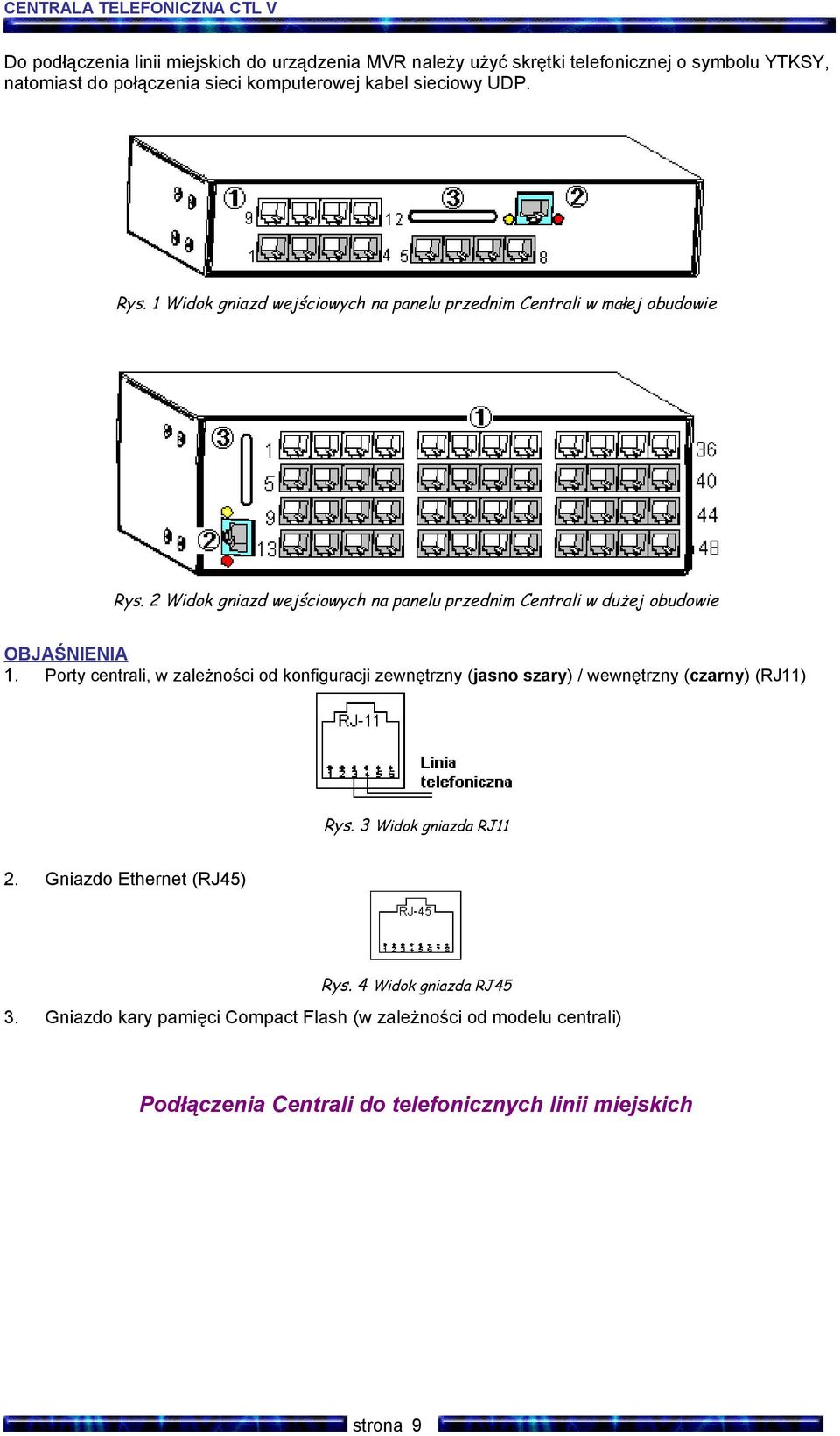 2 Widok gniazd wejściowych na panelu przednim Centrali w dużej obudowie OBJAŚNIENIA 1.