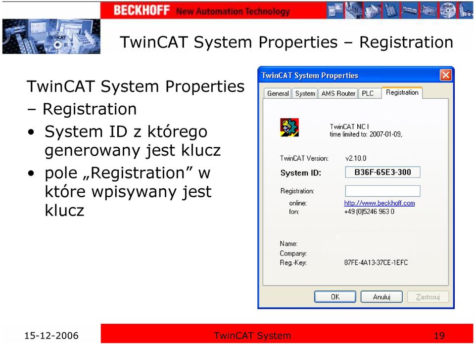 którego generowany jest klucz pole Registration