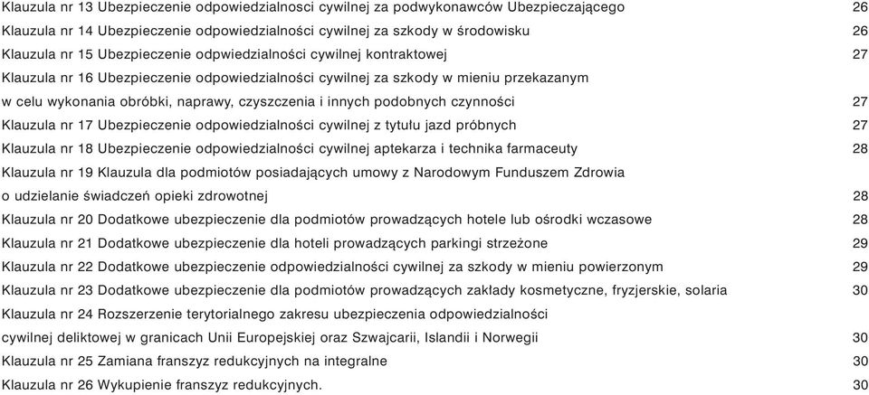 podobnych czynnoêci 27 Klauzula nr 17 Ubezpieczenie odpowiedzialnoêci cywilnej z tytu u jazd próbnych 27 Klauzula nr 18 Ubezpieczenie odpowiedzialnoêci cywilnej aptekarza i technika farmaceuty 28