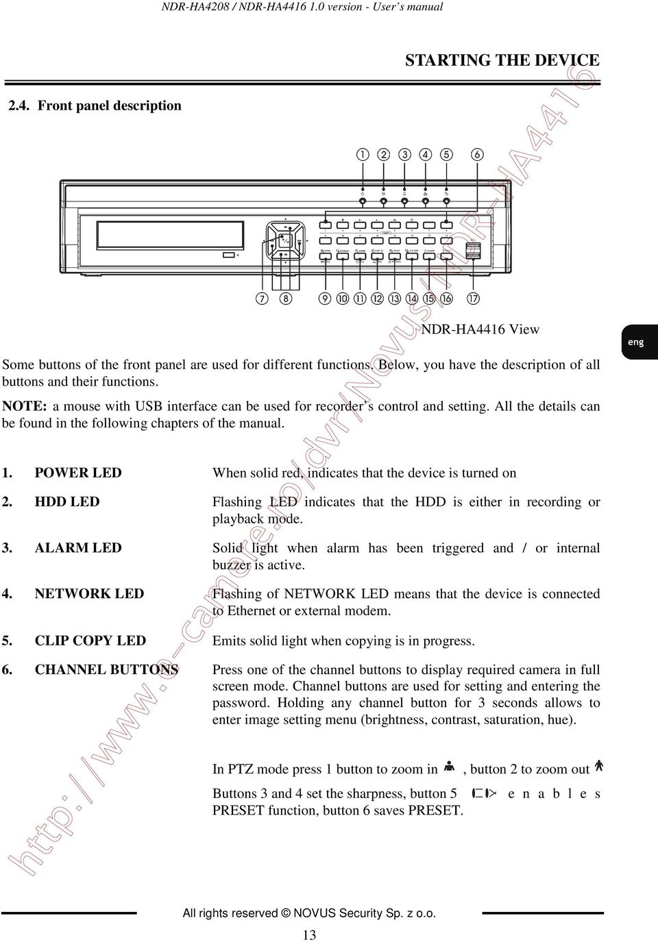 All the details can be found in the following chapters of the manual. 1. POWER LED When solid red, indicates that the device is turned on 2.