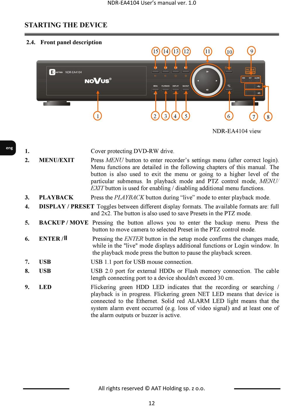 In playback mode and PTZ control mode, MENU/ EXIT button is used for enabling / disabling additional menu functions. 3. PLAYBACK Press the PLAYBACK button during live mode to enter playback mode. 4.