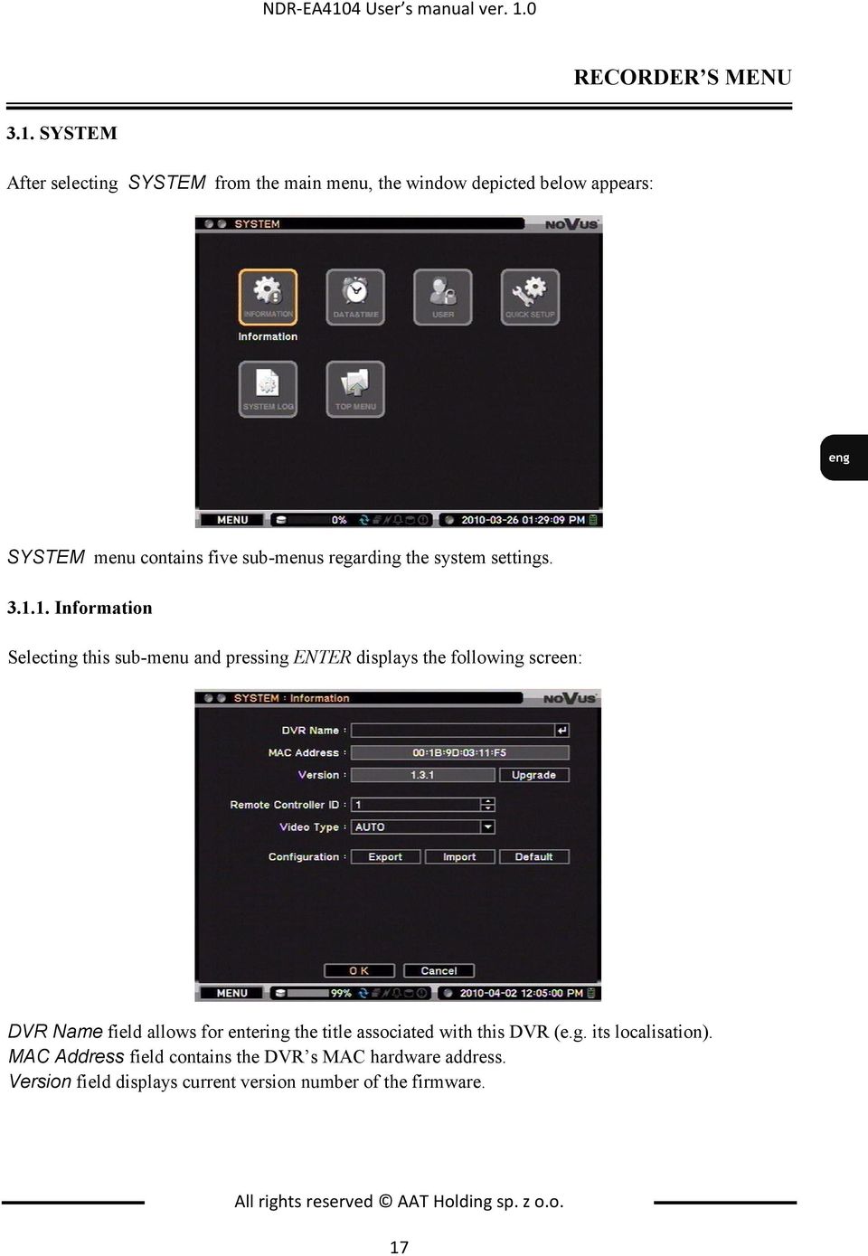 0 RECORDER S MENU 3.1.