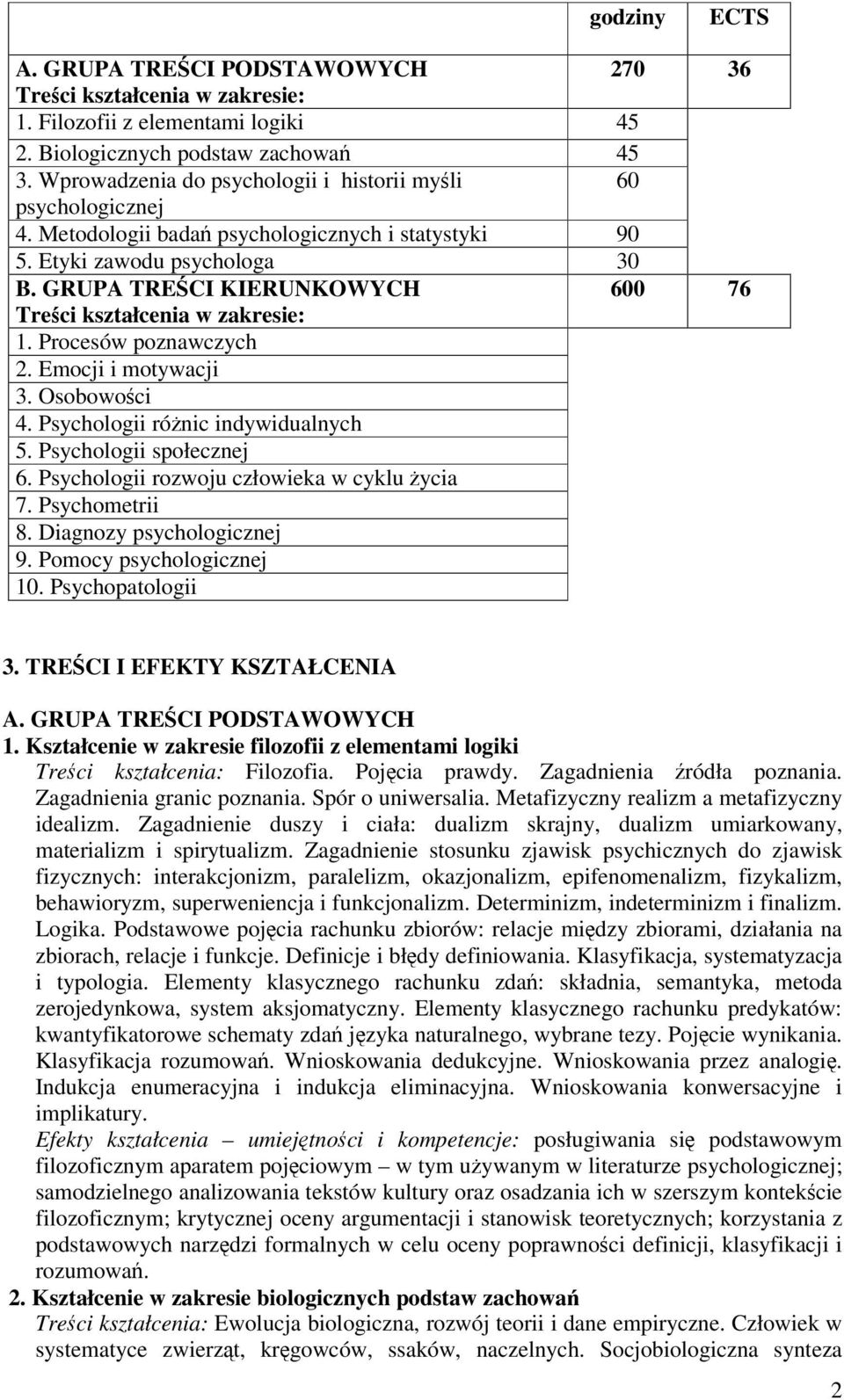 GRUPA TRECI KIERUNKOWYCH 600 76 Treci kształcenia w zakresie: 1. Procesów poznawczych 2. Emocji i motywacji 3. Osobowoci 4. Psychologii rónic indywidualnych 5. Psychologii społecznej 6.