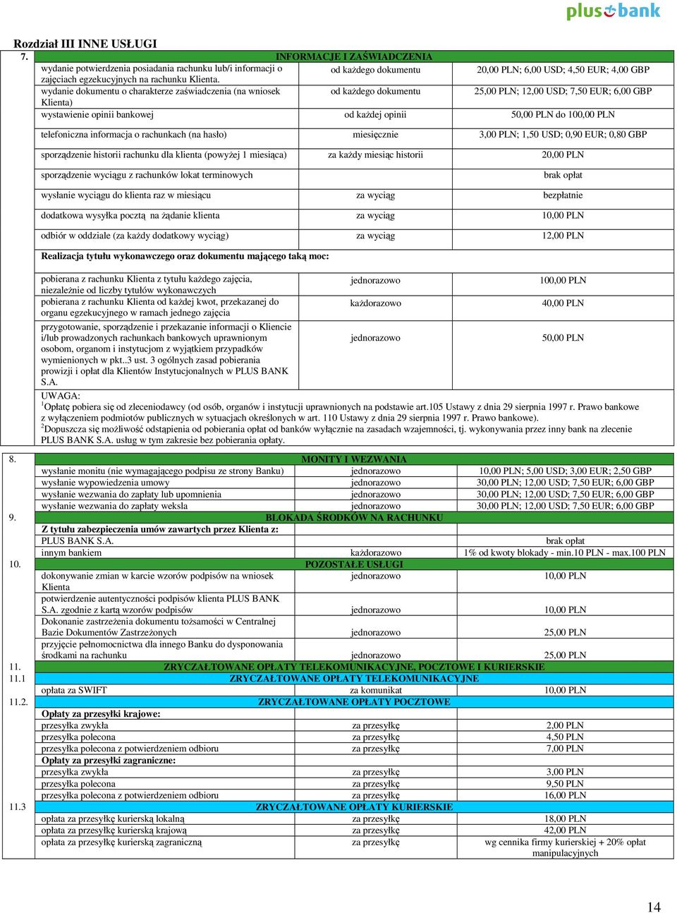 wydanie dokumentu o charakterze zaświadczenia (na wniosek od każdego dokumentu 25,00 PLN; 12,00 USD; 7,50 EUR; 6,00 GBP Klienta) wystawienie opinii bankowej od każdej opinii 50,00 PLN do 100,00 PLN