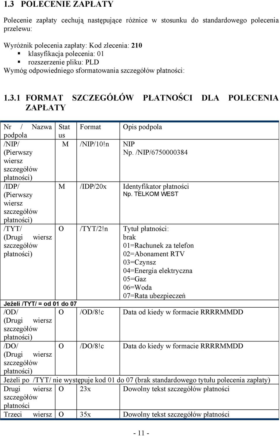 1 FORMAT SZCZEGÓŁÓW PŁATNOŚCI DLA POLECENIA ZAPŁATY Nr / Nazwa podpola /NIP/ (Pierwszy wiersz /IDP/ (Pierwszy wiersz /TYT/ (Drugi wiersz Stat us Format Opis podpola M /NIP/10!n NIP Np.