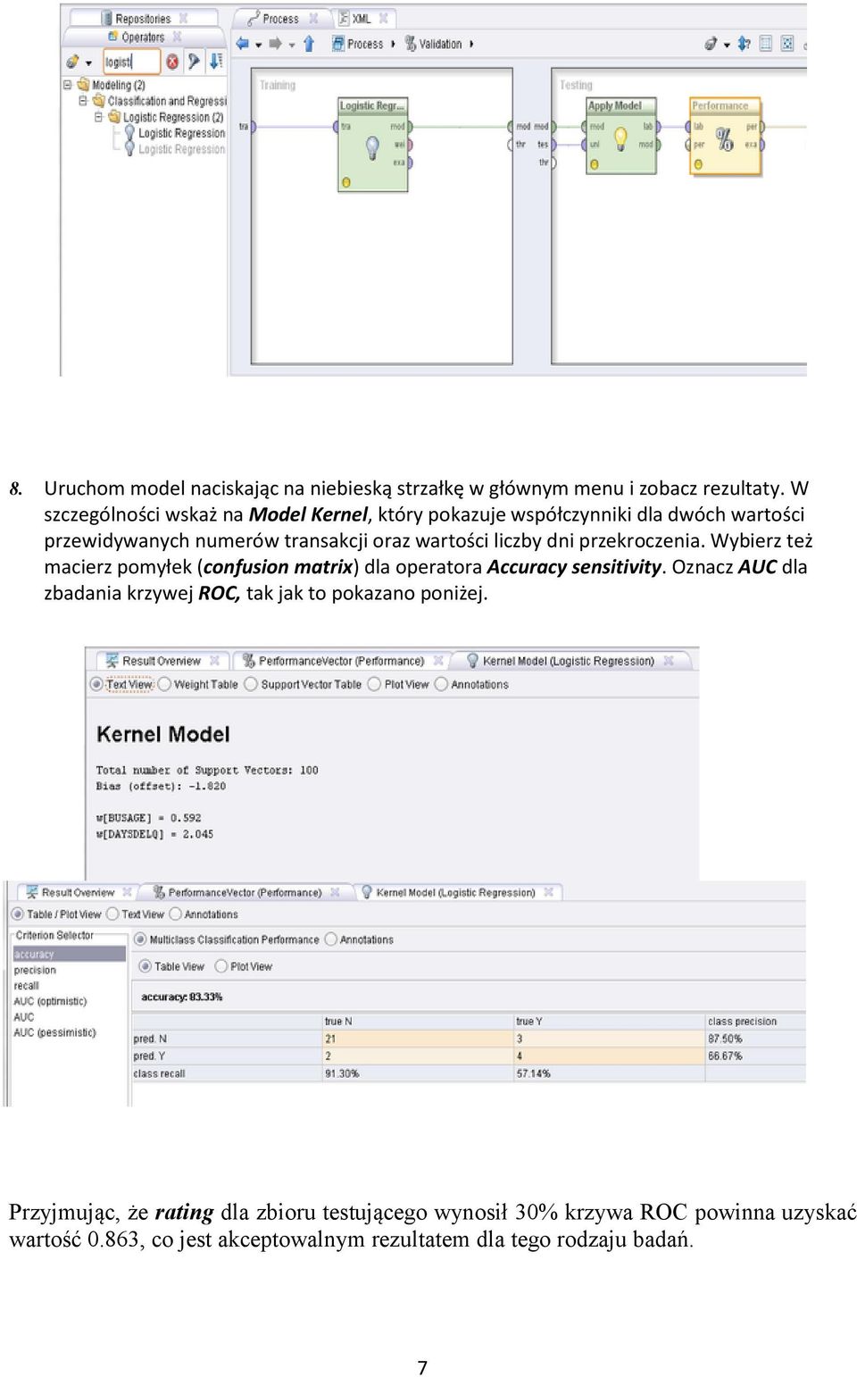 liczby dni przekroczenia. Wybierz też macierz pomyłek (confusion matrix) dla operatora Accuracy sensitivity.