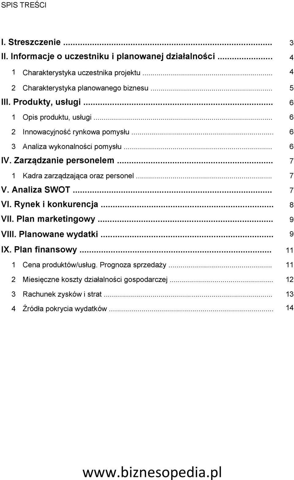 .. 6 3 Analiza wykonalności pomysłu... 6 IV. Zarządzanie personelem... 7 1 Kadra zarządzająca oraz personel... 7 V. Analiza SWOT... 7 VI. Rynek i konkurencja... 8 VII.