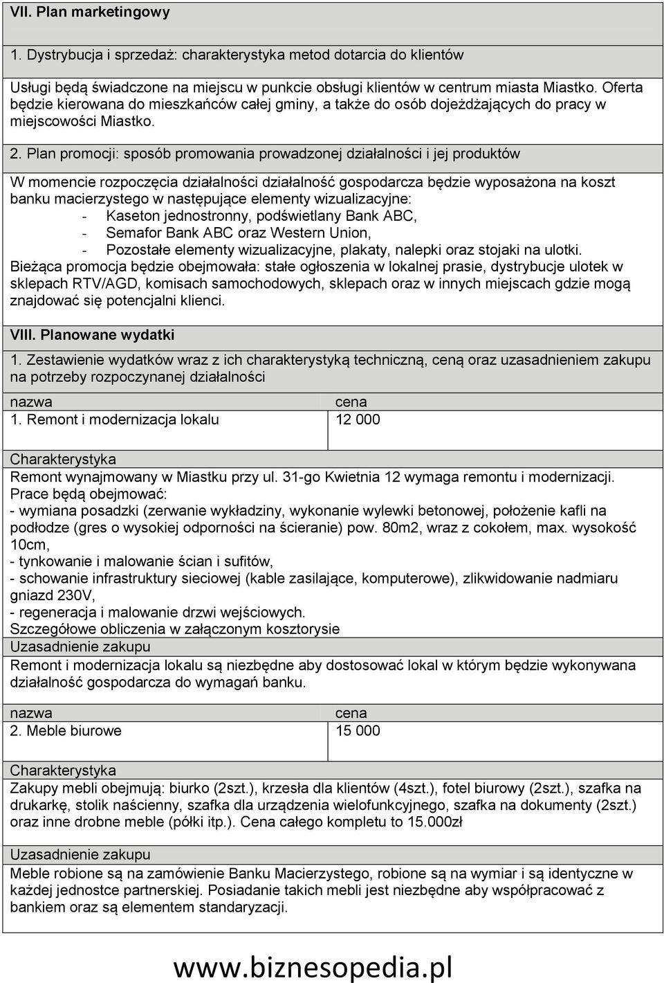 Plan promocji: sposób promowania prowadzonej działalności i jej produktów W momencie rozpoczęcia działalności działalność gospodarcza będzie wyposażona na koszt banku macierzystego w następujące