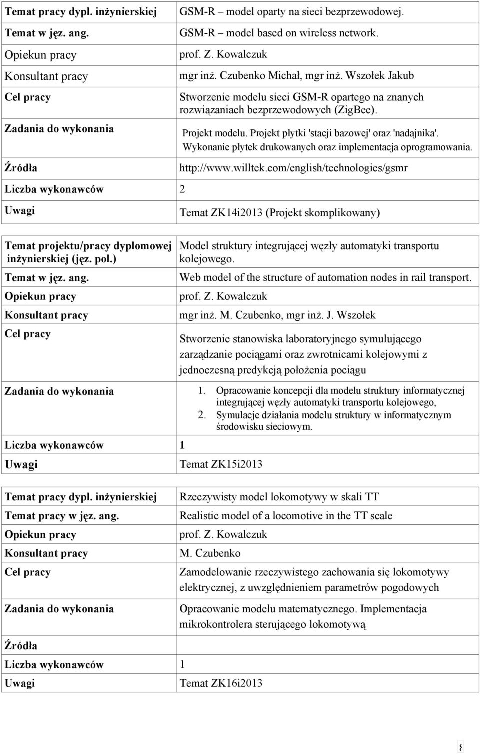 Wykonanie płytek drukowanych oraz implementacja oprogramowania. http://www.willtek.com/english/technologies/gsmr Temat ZK4i203 (Projekt skomplikowany) Temat projektu/pracy dyplomowej (jęz. pol.