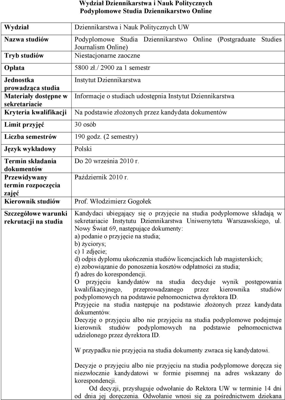 i Nauk Politycznych UW Podyplomowe Studia Dziennikarstwo Online (Postgraduate Studies Journalism Online) Niestacjonarne zaoczne 5800 zł.