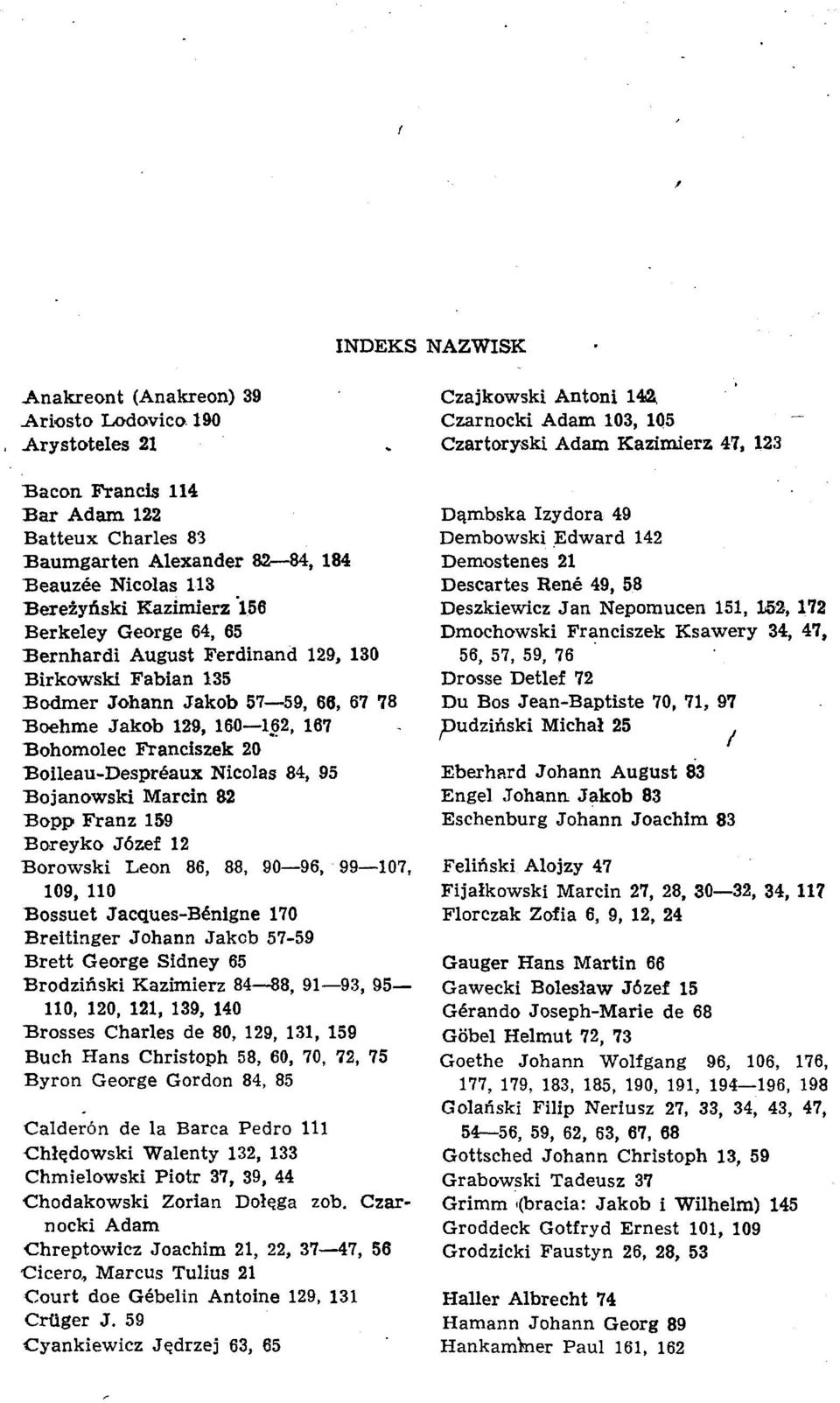 Nicolas 84, 95 Bojanowski Marcin 82 Bopp Franz 159 Boreyko Jözef 12 Borowski Leon 86, 88, 90 96, 99 107, 109, 110 Bossuet Jacques-Bfelgne 170 Breitinger Johann Jakcb 57-59 Brett George Sidney 65