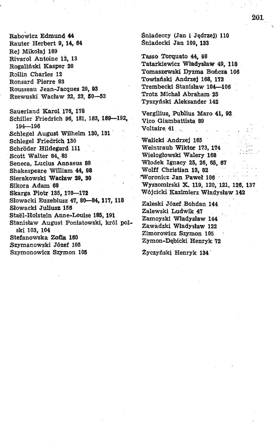 85 Seneca, Lucius Annaeus 88 Shakespeare William 44, 98 Sierakowski Waclaw 29, 30 Sikora Adam 68 Skarga Piotr 135, 170 172 Slowacki Euzebiusz 47, 80 84,117, 118 Slowacki Juliusz 156 Stael-Holstein