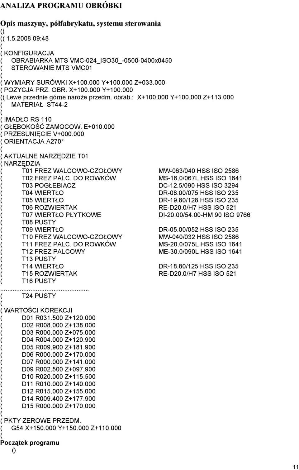 obrab.: X+100.000 Y+100.000 Z+113.000 ( MATERIAŁ ST44-2 ( ( IMADŁO RS 110 ( GŁĘBOKOŚĆ ZAMOCOW. E+010.000 ( PRZESUNIĘCIE V+000.