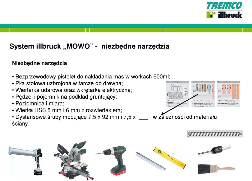 wkrętarka elektryczna; Pędzel i pojemnik na podkład gruntujący; Poziomnica i miara; Wiertła HSS 8