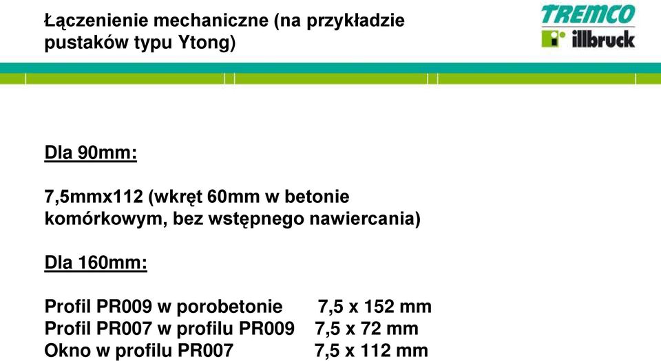 nawiercania) Dla 160mm: Profil PR009 w porobetonie Profil PR007 w