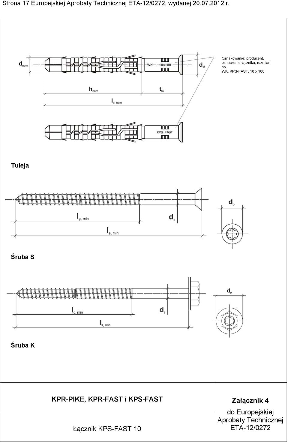 np. WK, KPS-FAST, 10 x 100 Tuleja Śruba S Śruba K
