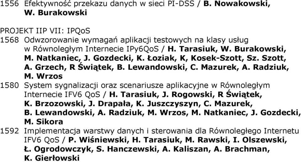 Wrzos 1580 System sygnalizacji oraz scenariusze aplikacyjne w Równoległym Internecie IFV6 QoS / H. Tarasiuk, J. Rogowski, R Świątek, K. Brzozowski, J. Drapała, K. Juszczyszyn, C. Mazurek, B.