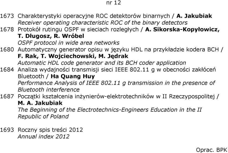 Jędrak Automatic HDL code generator and its BCH coder application 1684 Analiza wydajności transmisji sieci IEEE 802.11 g w obecności zakłóceń Bluetooth / Ha Quang Huy Performance Analysis of IEEE 802.