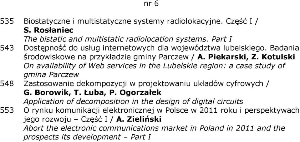 Kotulski On availability of Web services in the Lubelskie region: a case study of gmina Parczew 548 Zastosowanie dekompozycji w projektowaniu układów cyfrowych / G. Borowik, T. Łuba, P.