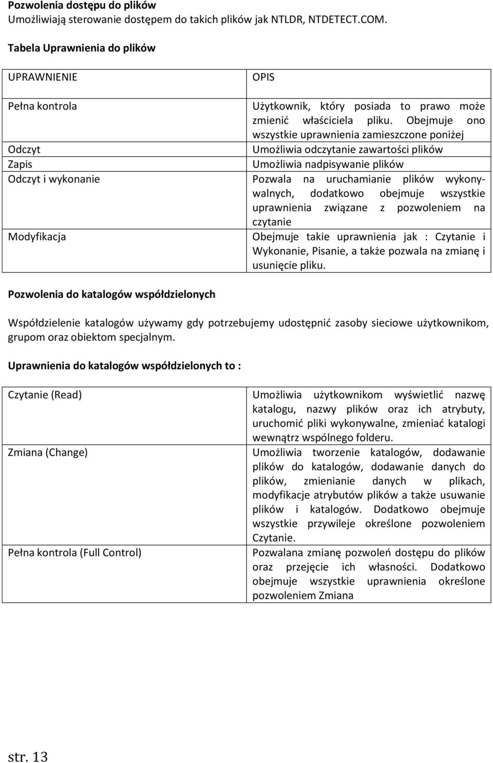 Obejmuje ono wszystkie uprawnienia zamieszczone poniżej Odczyt Umożliwia odczytanie zawartości plików Zapis Umożliwia nadpisywanie plików Odczyt i wykonanie Pozwala na uruchamianie plików