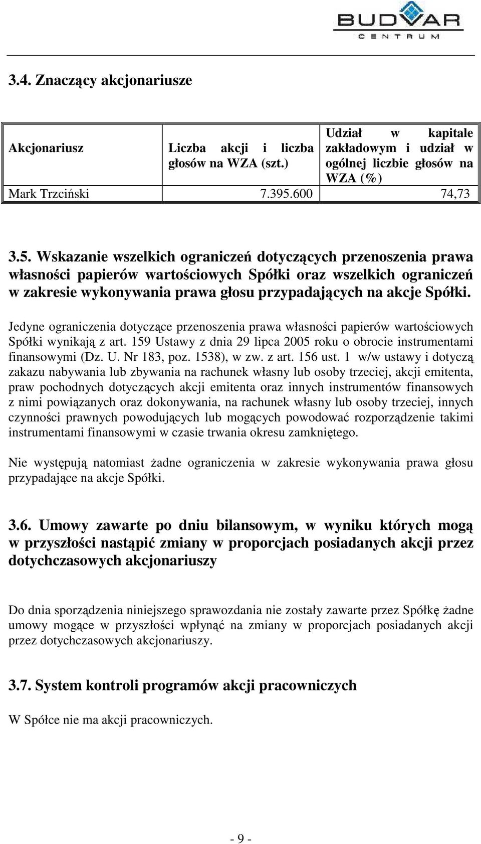 Wskazanie wszelkich ogranicze dotyczcych przenoszenia prawa własnoci papierów wartociowych Spółki oraz wszelkich ogranicze w zakresie wykonywania prawa głosu przypadajcych na akcje Spółki.
