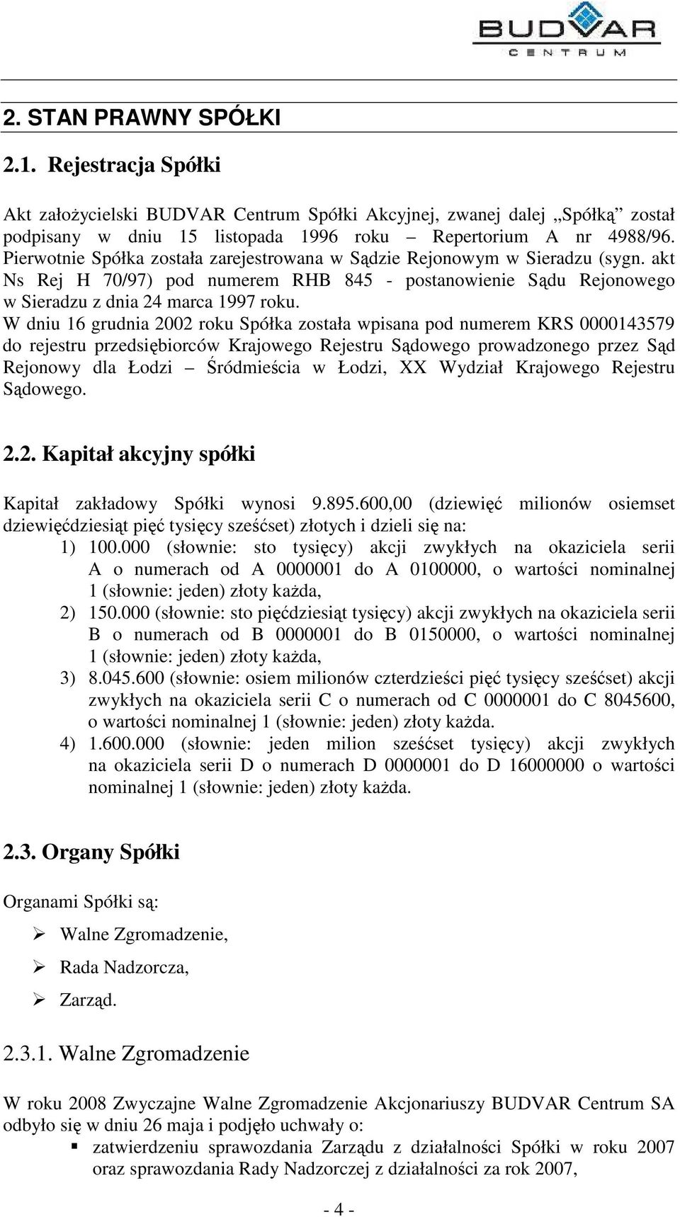 W dniu 16 grudnia 2002 roku Spółka została wpisana pod numerem KRS 0000143579 do rejestru przedsibiorców Krajowego Rejestru Sdowego prowadzonego przez Sd Rejonowy dla Łodzi ródmiecia w Łodzi, XX