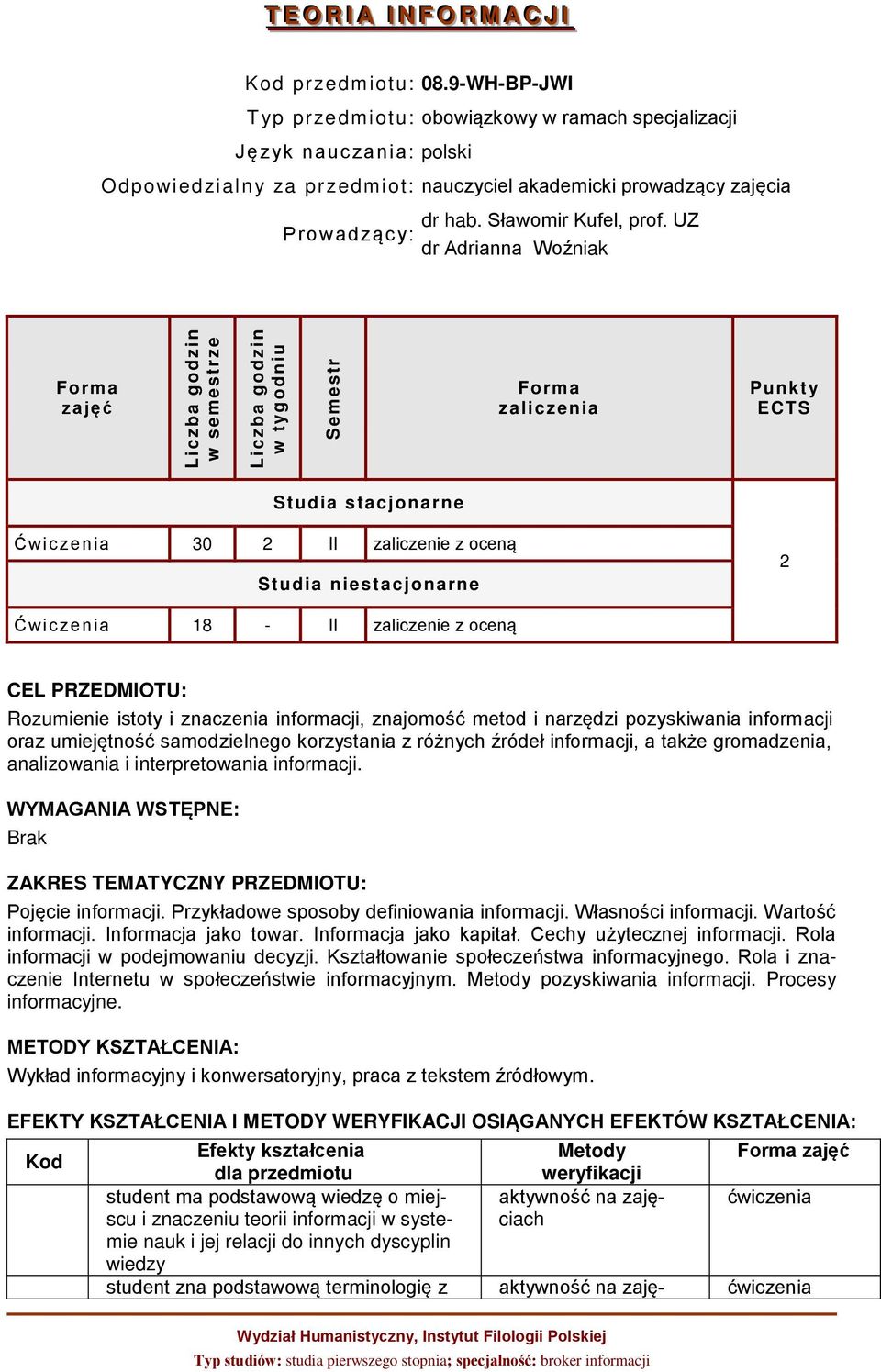 UZ Prowadząc y: dr Adrianna Woźniak zajęć zaliczenia Punkt y ECTS Studia stacjonarne Ćwic zenia 30 2 II zaliczenie z oceną Studia niestacjonarne 2 Ćwic zenia 18 - II zaliczenie z oceną CEL