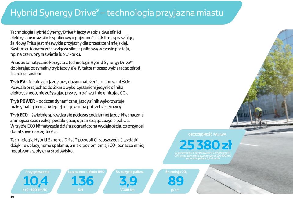 Prius automatycznie korzysta z technologii Hybrid Synergy Drive, dobierając optymalny tryb jazdy, ale Ty także możesz wybierać spośród trzech ustawień: Tryb EV idealny do jazdy przy dużym natężeniu