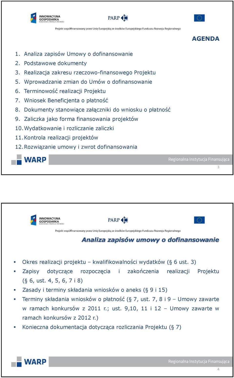 Wydatkowanie i rozliczanie zaliczki 11.Kontrola realizacji projektów 12.