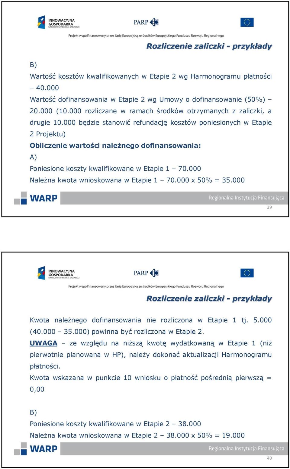 000 będzie stanowić refundację kosztów poniesionych w Etapie 2 Projektu) Obliczenie wartości należnego dofinansowania: A) Poniesione koszty kwalifikowane w Etapie 1 70.