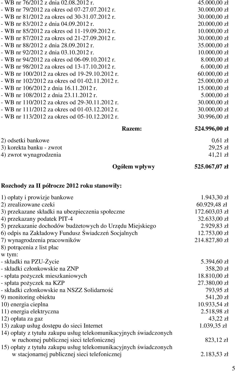 10.2012 r. 8.00 zł - WB nr 98/2012 za okres od 13-17.10.2012 r. 6.00 zł - WB nr 100/2012 za okres od 19-29.10.2012 r. 60.00 zł - WB nr 102/2012 za okres od 01-02.11.2012 r. 25.