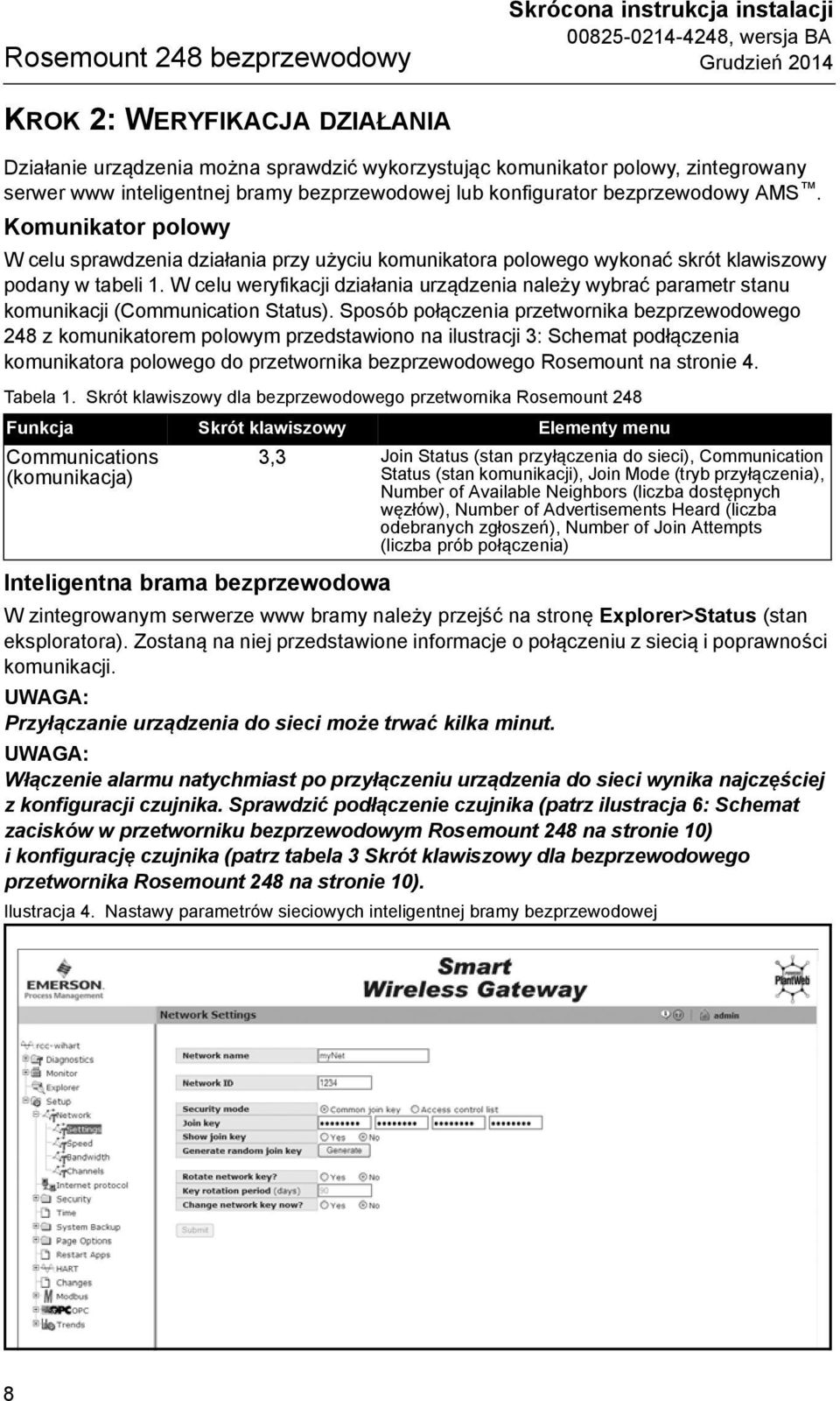 W celu weryfikacji działania urządzenia należy wybrać parametr stanu komunikacji (Communication Status).