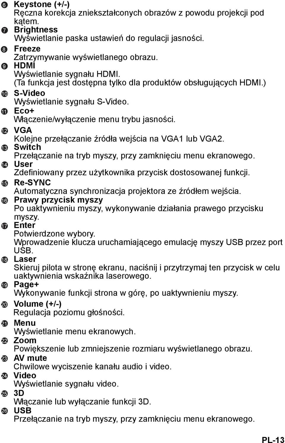 (Ta funkcja jest dostępna tylko dla produktów obsługujących HDMI.) S-Video Wyświetlanie sygnału S-Video. Eco+ Włączenie/wyłączenie menu trybu jasności.