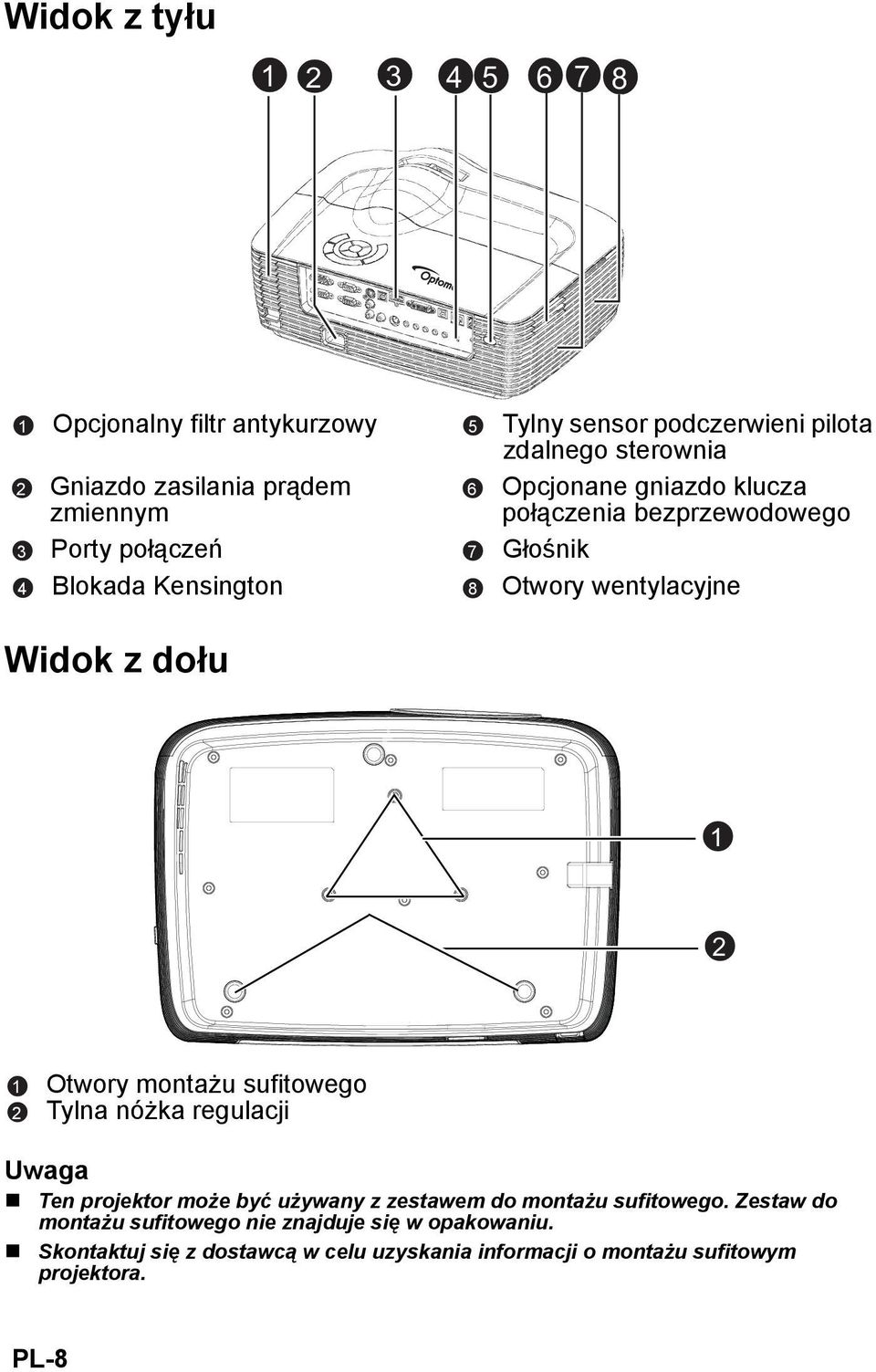 z dołu 1 2 1 2 Otwory montażu sufitowego Tylna nóżka regulacji Uwaga Ten projektor może być używany z zestawem do montażu sufitowego.