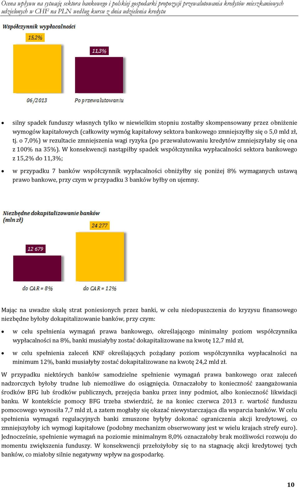 W konsekwencji nastąpiłby spadek współczynnika wypłacalności sektora bankowego z 15,2% do 11,3%; w przypadku 7 banków współczynnik wypłacalności obniżyłby się poniżej 8% wymaganych ustawą prawo