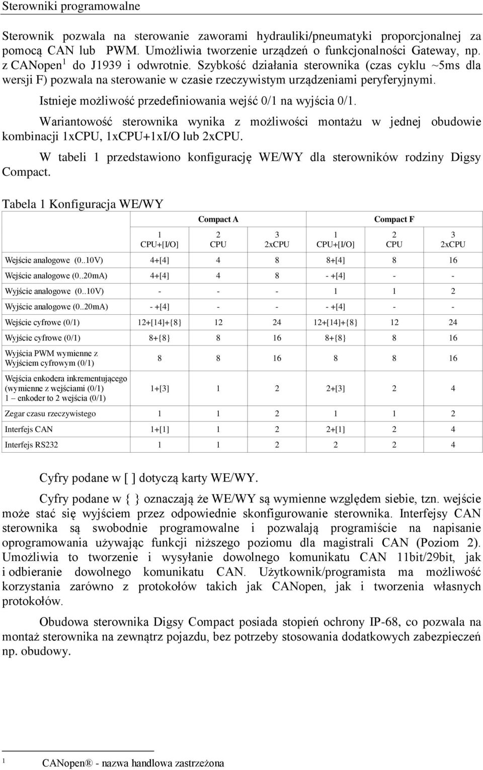 Istnieje możliwość przedefiniowania wejść 0/1 na wyjścia 0/1. Wariantowość sterownika wynika z możliwości montażu w jednej obudowie kombinacji 1xCPU, 1xCPU+1xI/O lub 2xCPU.